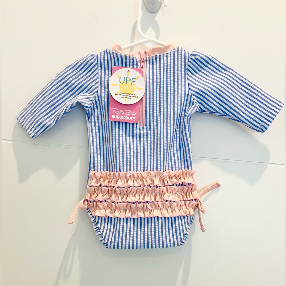 NWT Ruffle Butts Infant/Newborn One Piece Seersucker Rashguard Swimsuit 0-3MOS
